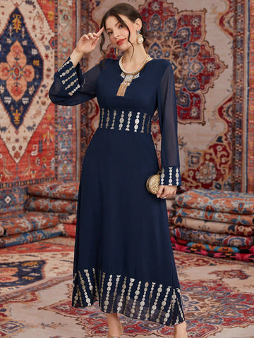 Women'S Long Sleeve Mesh Dress With Geometric Print And Gold Foil Detailing
