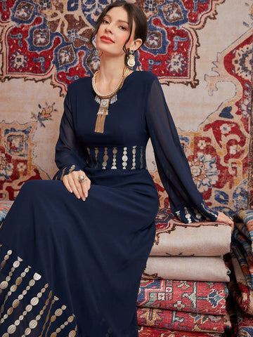 Women'S Long Sleeve Mesh Dress With Geometric Print And Gold Foil Detailing
