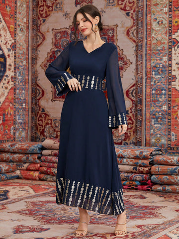Women'S Long Sleeve Mesh Dress With Geometric Print And Gold Foil Detailing
