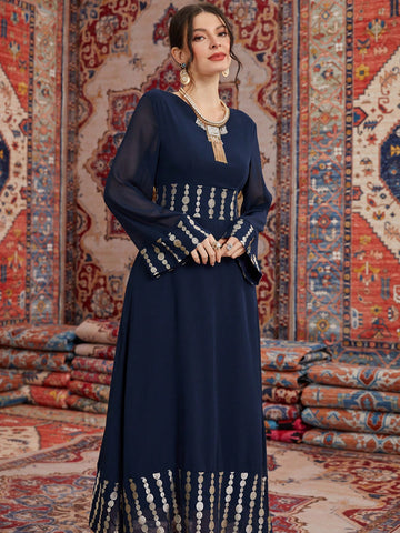 Women'S Long Sleeve Mesh Dress With Geometric Print And Gold Foil Detailing