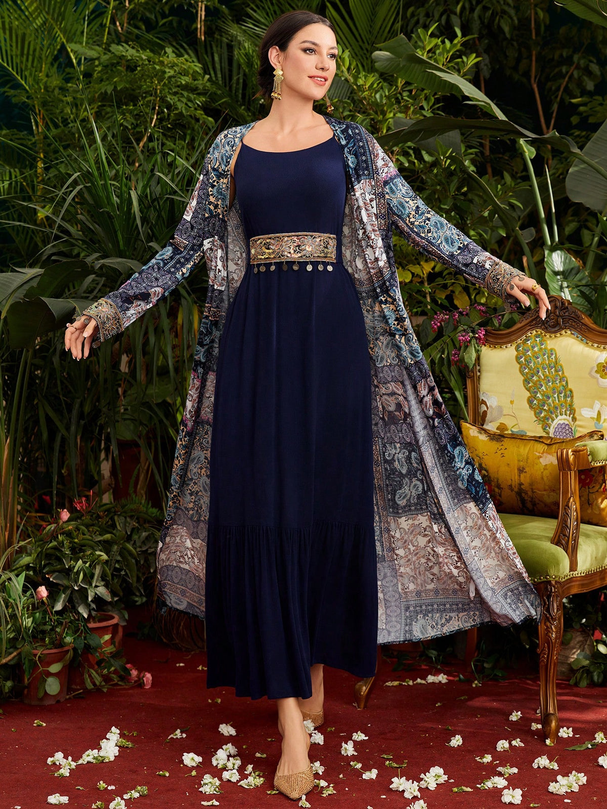 Women'S Paisley Print Jacket & Embroidery Patchwork Dress Two Piece Set