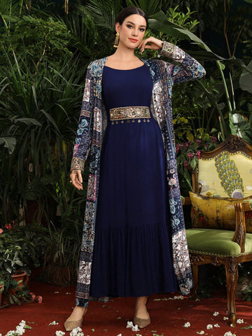 Women'S Paisley Print Jacket & Embroidery Patchwork Dress Two Piece Set
