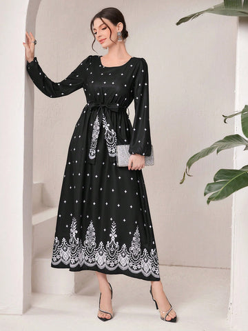 Women'S Polka Dot Printed Belted Lantern Sleeve Dress