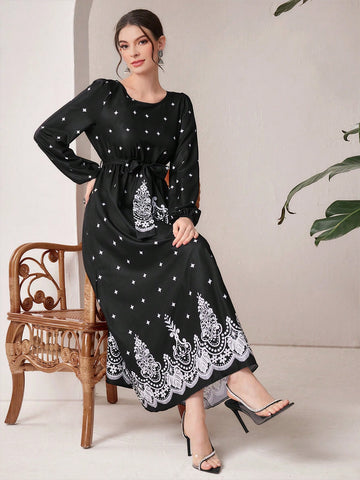 Women'S Polka Dot Printed Belted Lantern Sleeve Dress