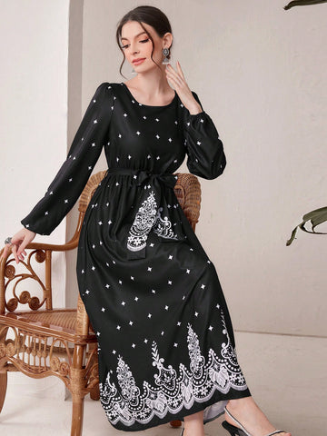Women'S Polka Dot Printed Belted Lantern Sleeve Dress