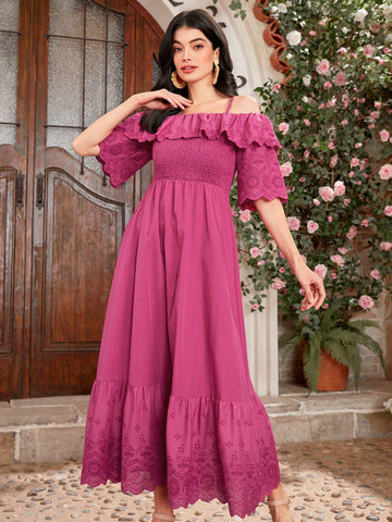 Women'S Solid Color Hollow Out Embroidery Patchwork Ruffle Trim Off-Shoulder Cami Dress