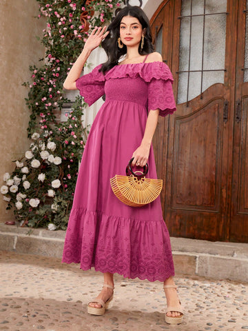 Women'S Solid Color Hollow Out Embroidery Patchwork Ruffle Trim Off-Shoulder Cami Dress