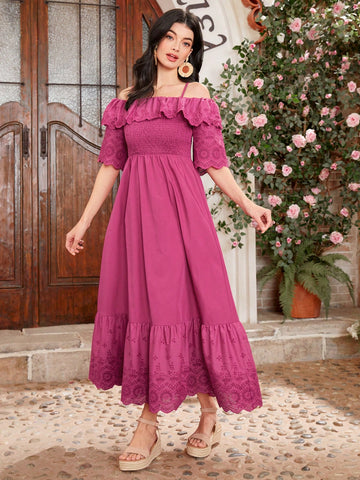 Women'S Solid Color Hollow Out Embroidery Patchwork Ruffle Trim Off-Shoulder Cami Dress