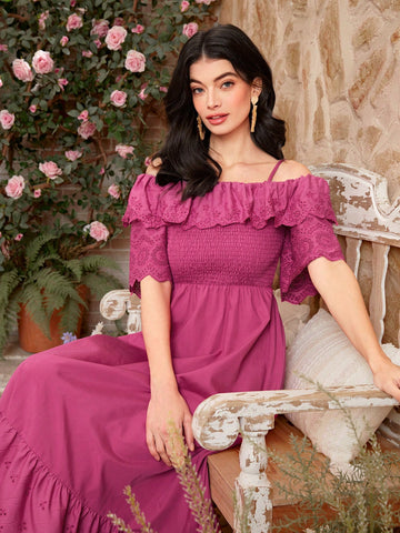 Women'S Solid Color Hollow Out Embroidery Patchwork Ruffle Trim Off-Shoulder Cami Dress