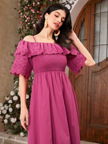 Women'S Solid Color Hollow Out Embroidery Patchwork Ruffle Trim Off-Shoulder Cami Dress
