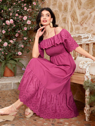 Women'S Solid Color Hollow Out Embroidery Patchwork Ruffle Trim Off-Shoulder Cami Dress