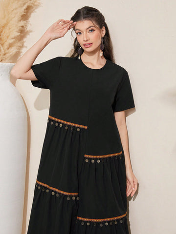 Women'S Woven Belt Decorated Dress With Ruffle Hem