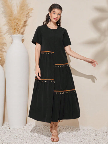 Women'S Woven Belt Decorated Dress With Ruffle Hem