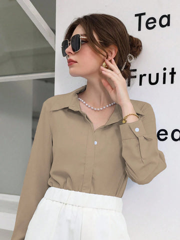Mulvari Women Casual Solid Color Front Button Shirt, Autumn