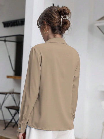 Mulvari Women Casual Solid Color Front Button Shirt, Autumn