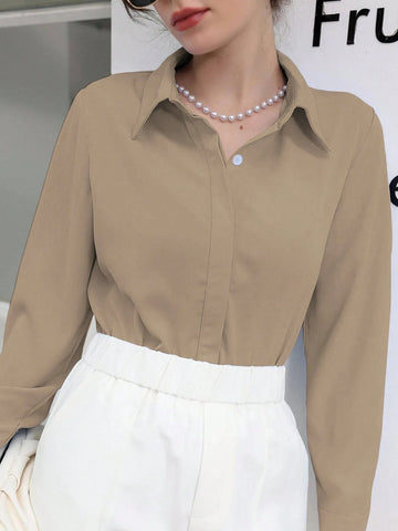 Mulvari Women Casual Solid Color Front Button Shirt, Autumn