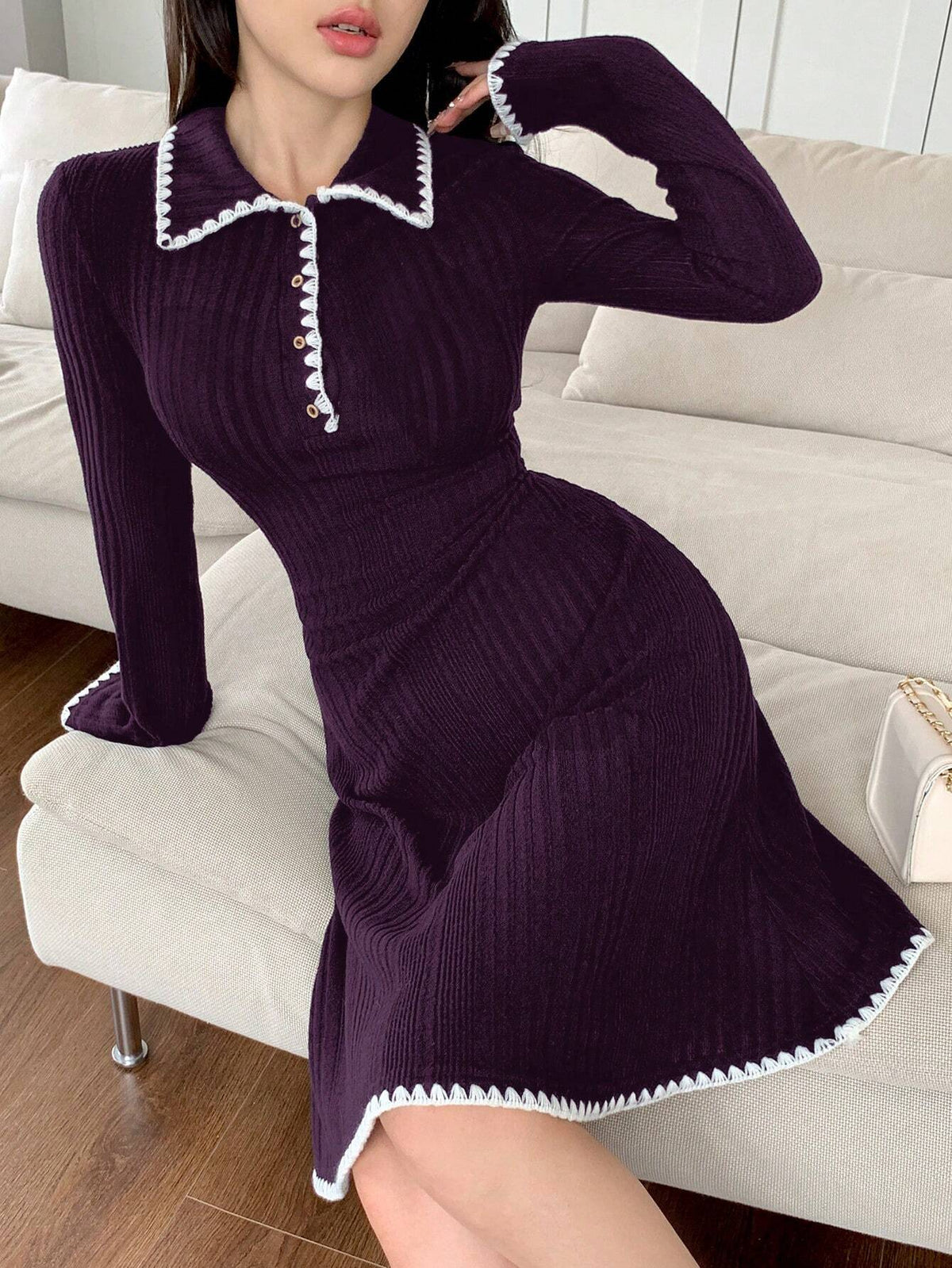 Women Contrast Trim Front Button Casual Short Dress, Long Sleeve, Simple Style