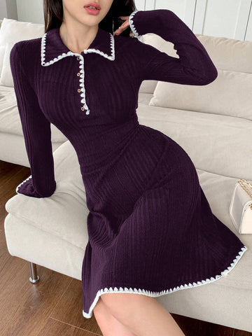 Women Contrast Trim Front Button Casual Short Dress, Long Sleeve, Simple Style