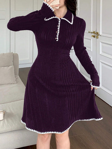 Women Contrast Trim Front Button Casual Short Dress, Long Sleeve, Simple Style