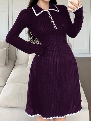 Women Contrast Trim Front Button Casual Short Dress, Long Sleeve, Simple Style