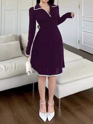 Women Contrast Trim Front Button Casual Short Dress, Long Sleeve, Simple Style