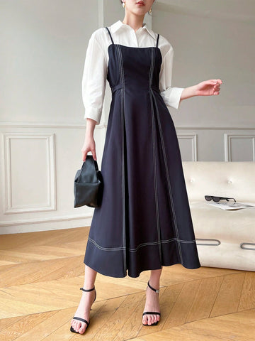 Women Fashion Solid Color Spaghetti Strap Dress