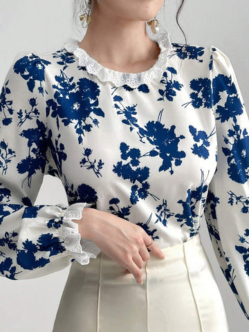 Mulvari Women Fashionable And Elegant Printed Shirt With Lace Collar