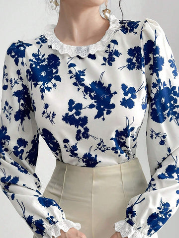 Mulvari Women Fashionable And Elegant Printed Shirt With Lace Collar