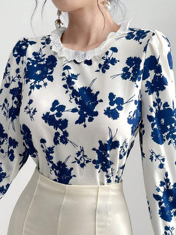 Mulvari Women Fashionable And Elegant Printed Shirt With Lace Collar