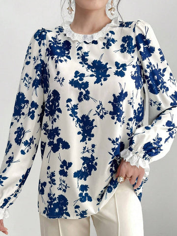 Mulvari Women Fashionable And Elegant Printed Shirt With Lace Collar