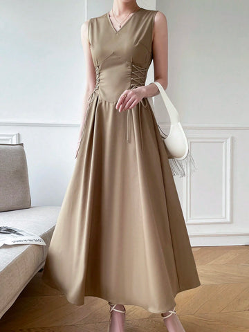 Women Fashionable Drawstring Waist V-Neck Design Dress, Elegant Dress