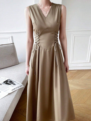 Women Fashionable Drawstring Waist V-Neck Design Dress, Elegant Dress