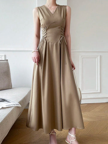 Women Fashionable Drawstring Waist V-Neck Design Dress, Elegant Dress
