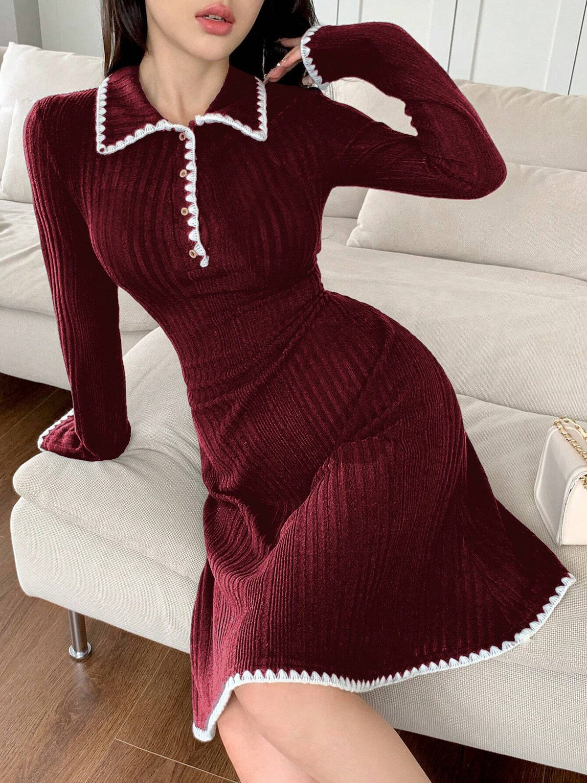 Women Floral Ruffle Trim Polo Collar Long Sleeve Ribbed Casual Mini Dress, Autumn