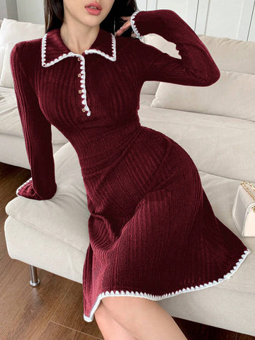 Women Floral Ruffle Trim Polo Collar Long Sleeve Ribbed Casual Mini Dress, Autumn