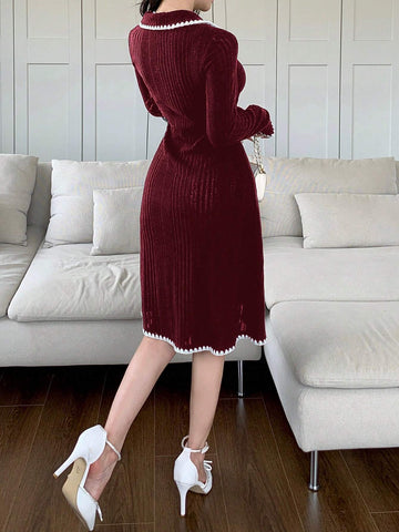 Women Floral Ruffle Trim Polo Collar Long Sleeve Ribbed Casual Mini Dress, Autumn