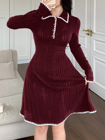 Women Floral Ruffle Trim Polo Collar Long Sleeve Ribbed Casual Mini Dress, Autumn