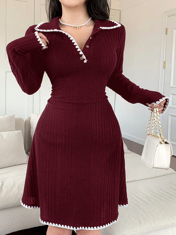 Women Floral Ruffle Trim Polo Collar Long Sleeve Ribbed Casual Mini Dress, Autumn