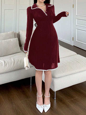 Women Floral Ruffle Trim Polo Collar Long Sleeve Ribbed Casual Mini Dress, Autumn