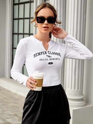 Women Letter Graphic Notched Neck T-Shirt