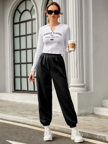 Women Letter Graphic Notched Neck T-Shirt