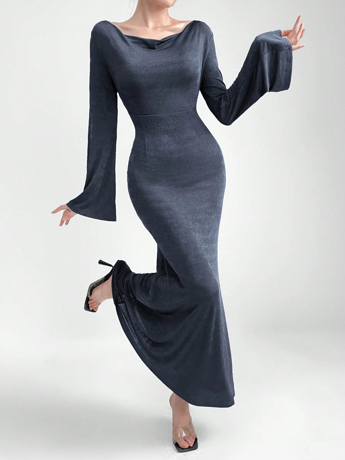 Women Long Dress With Swing Neckline Design And Bell Sleeves