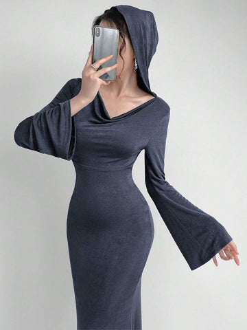 Women Long Dress With Swing Neckline Design And Bell Sleeves