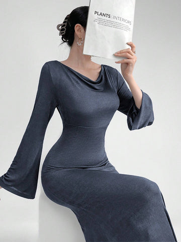 Women Long Dress With Swing Neckline Design And Bell Sleeves