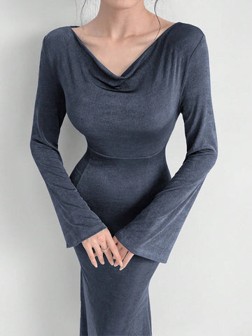Women Long Dress With Swing Neckline Design And Bell Sleeves