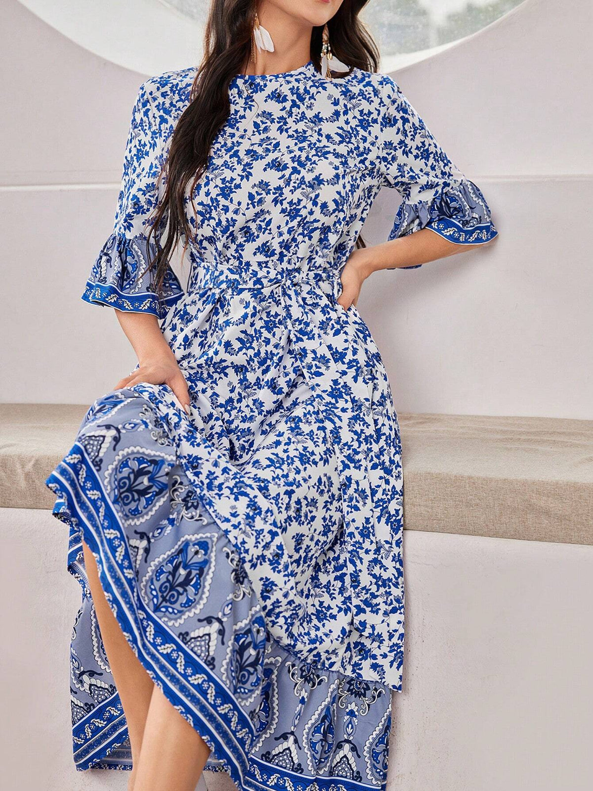 Women Printed Spliced Flare Sleeve Belted Dress For Spring And Summer