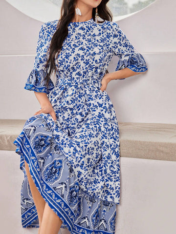 Women Printed Spliced Flare Sleeve Belted Dress For Spring And Summer