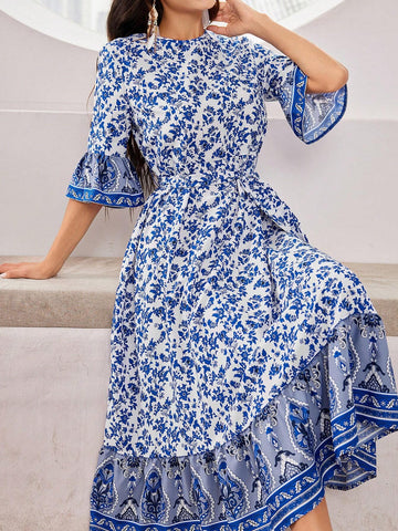 Women Printed Spliced Flare Sleeve Belted Dress For Spring And Summer