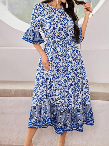 Women Printed Spliced Flare Sleeve Belted Dress For Spring And Summer