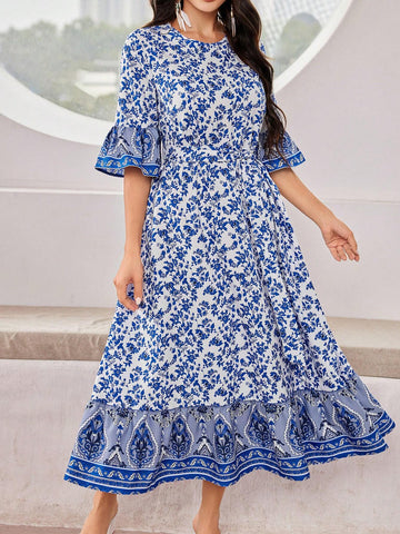 Women Printed Spliced Flare Sleeve Belted Dress For Spring And Summer
